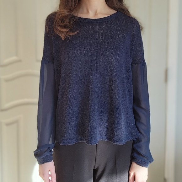 Sparkle and Fade Drop Shoulder Sheer Sleeve Navy Blouse M/L - Picture 2 of 8